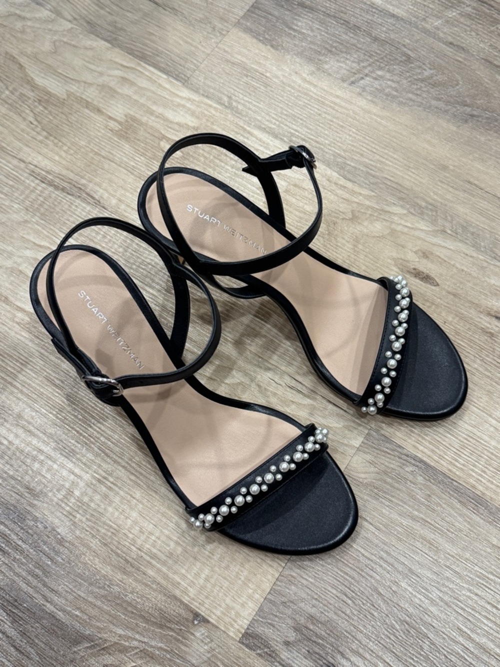 Stuart Weitzman Black Strappy Sandals with Pearl Embellishment
